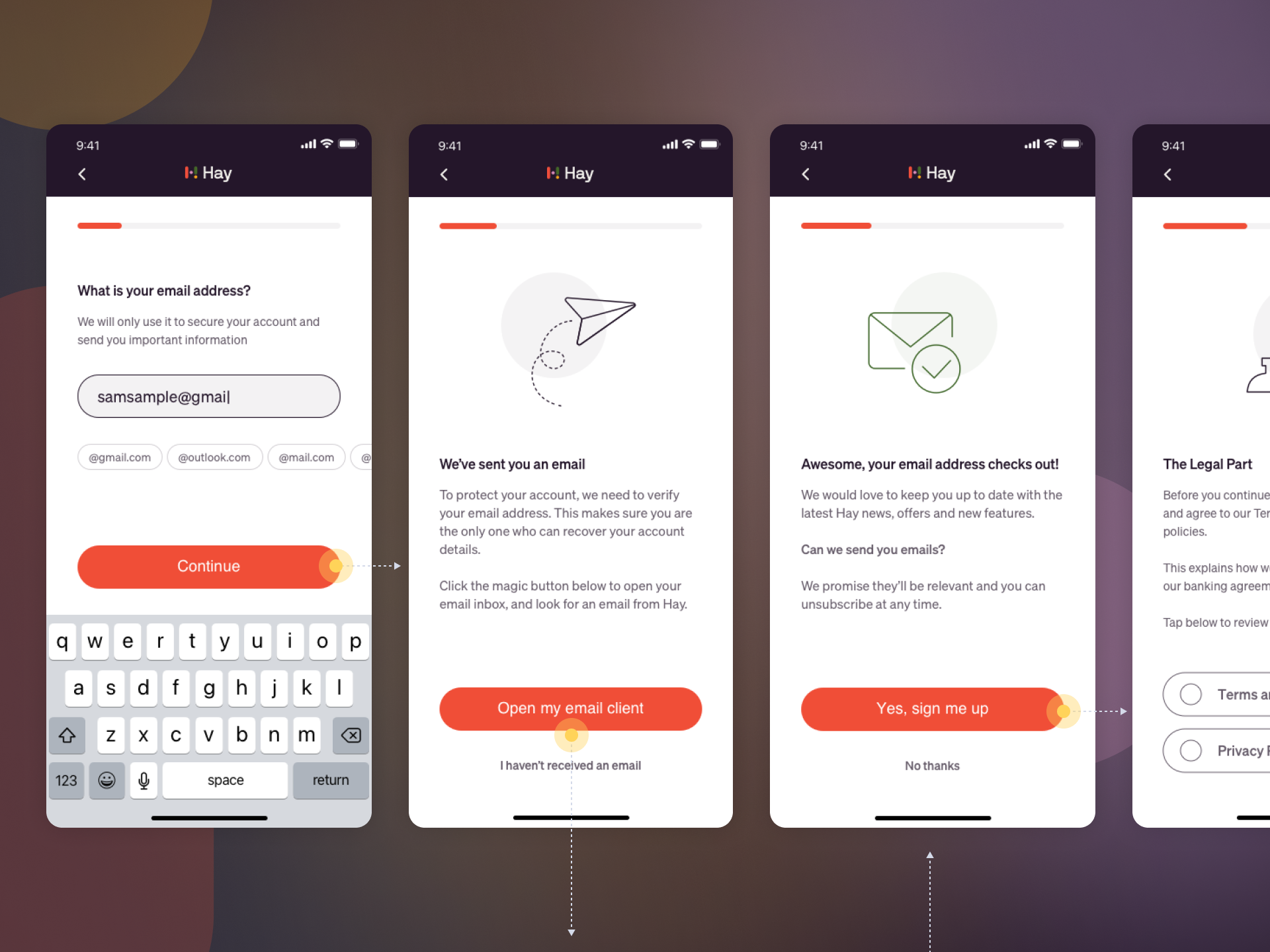 Hay bank UI design concepts and explorations for onboarding